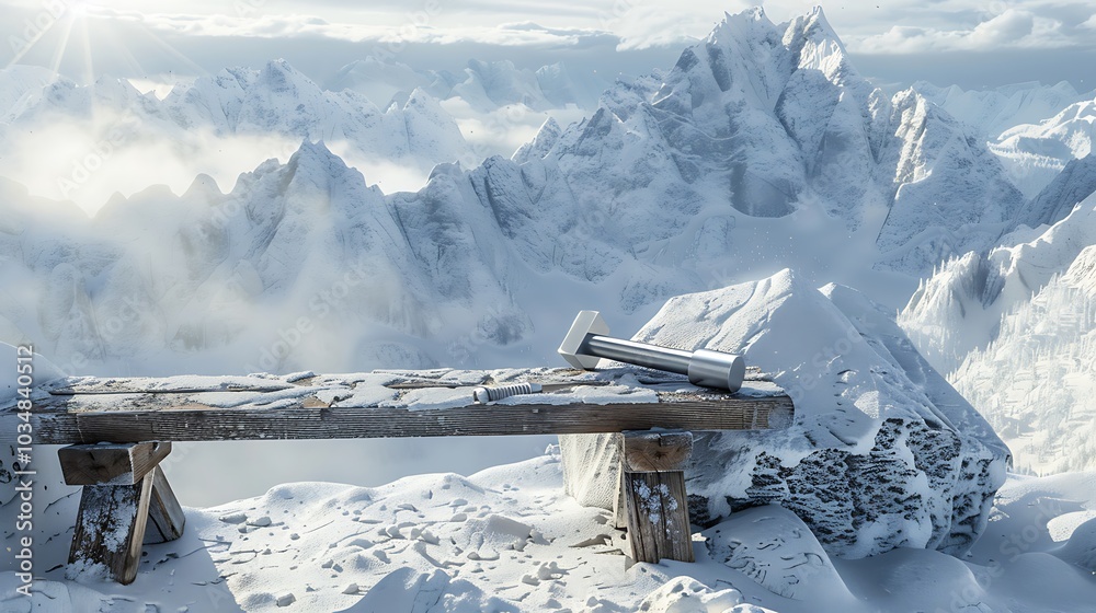 Obraz premium A chisel tool and tester on a bench on a snowy mountain