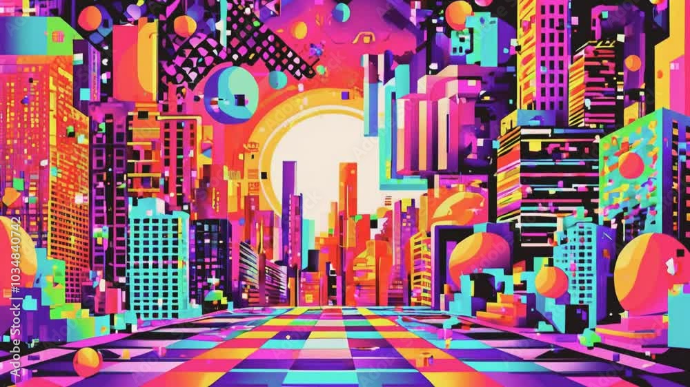 Brightly colored cityscape with geometric shapes and a checkered floor. Brightly colored cityscape with geometric shapes and a checkered floor.