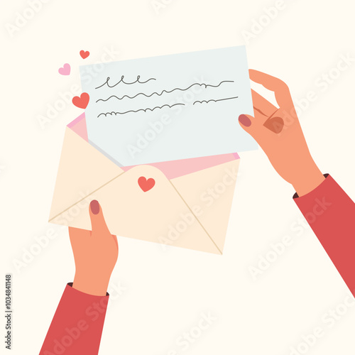 Hand holding envelope with a heart, Sanding love letter  concept. 