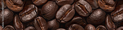 A close-up view reveals the rich textures and colors of brown coffee beans, highlighting their natural beauty. The pattern is ideal for culinary or design applications, banner