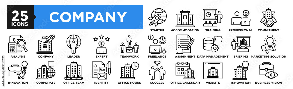 Company icon collection set. Containing design business, company, corporate, office, meeting, teamwork, team, strategy Company icon collection set. Containing design business, company, corporate, office, meeting, teamwork, team, strategy
