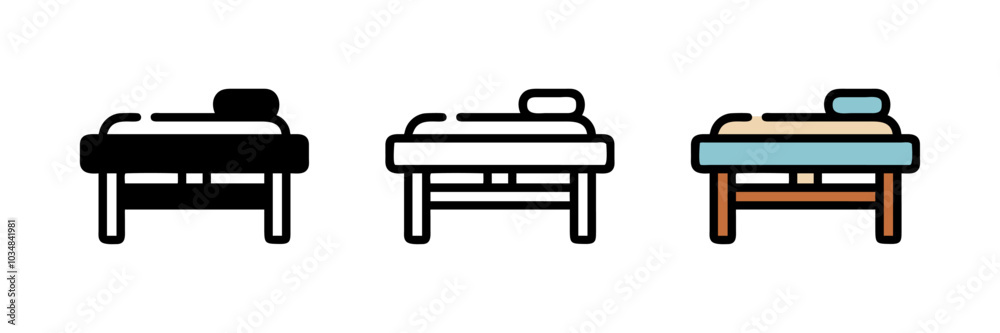 Vector icon of a massage bed, representing spa treatments, relaxation, and wellness. Vector icon of a massage bed, representing spa treatments, relaxation, and wellness.