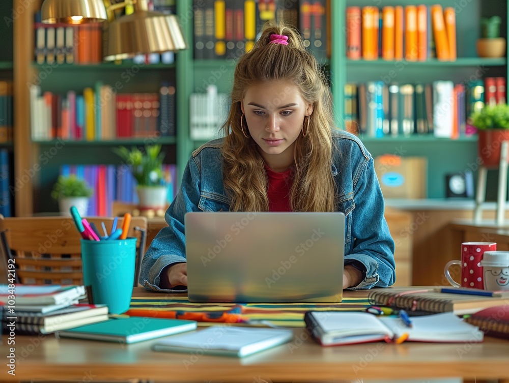 A focused student working on a laptop in a cozy study environment filled with books. A focused student working on a laptop in a cozy study environment filled with books.