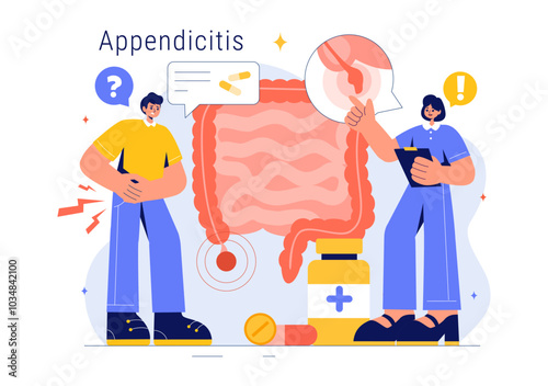 Appendicitis Vector Illustration Featuring Inflammation of the Appendix and Stomach Treatment in a Healthcare Flat Style Cartoon Background