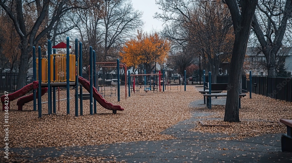 Empty Playground with Autumn Leaves and a Slide Empty Playground with Autumn Leaves and a Slide