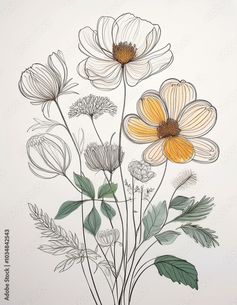 Collection of continuous line drawings of flowers, presented as single-line illustrations of plants. These minimalist prints are created in vector format Collection of continuous line drawings of flowers, presented as single-line illustrations of plants. These minimalist prints are created in vector format