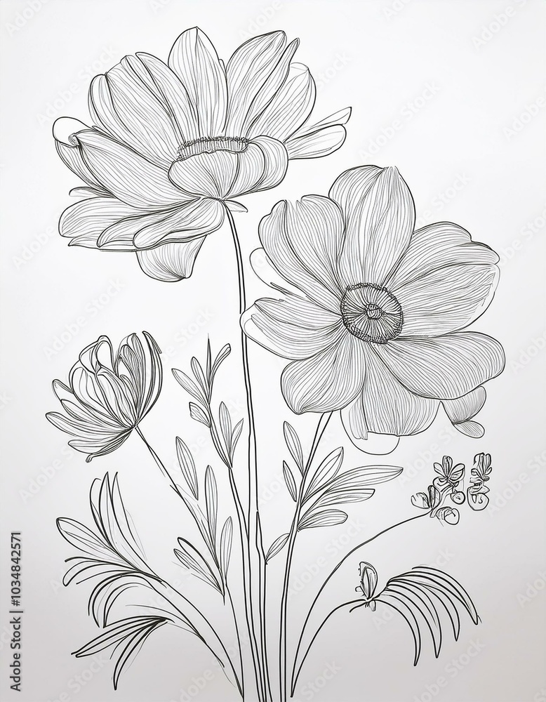 Fototapeta premium Collection of continuous line drawings of flowers, presented as single-line illustrations of plants. These minimalist prints are created in vector format