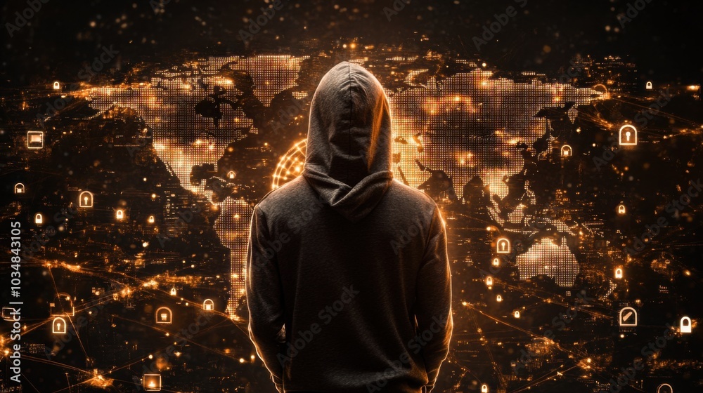 Mysterious Figure in Dimly Lit Room with Digital Map Mysterious Figure in Dimly Lit Room with Digital Map
