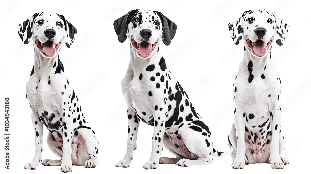 A cute Dalmatian and a playful Great Dane puppy sitting together against a white background A cute Dalmatian and a playful Great Dane puppy sitting together against a white background