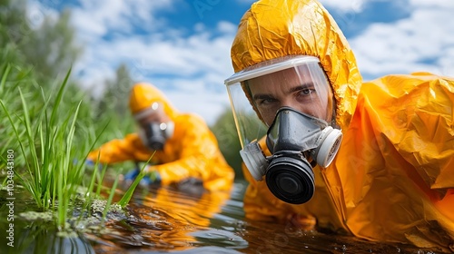 Environmental hazmat suited workers carefully collecting and containing toxic waste at a polluted industrial site for safe disposal and ecological remediation photo