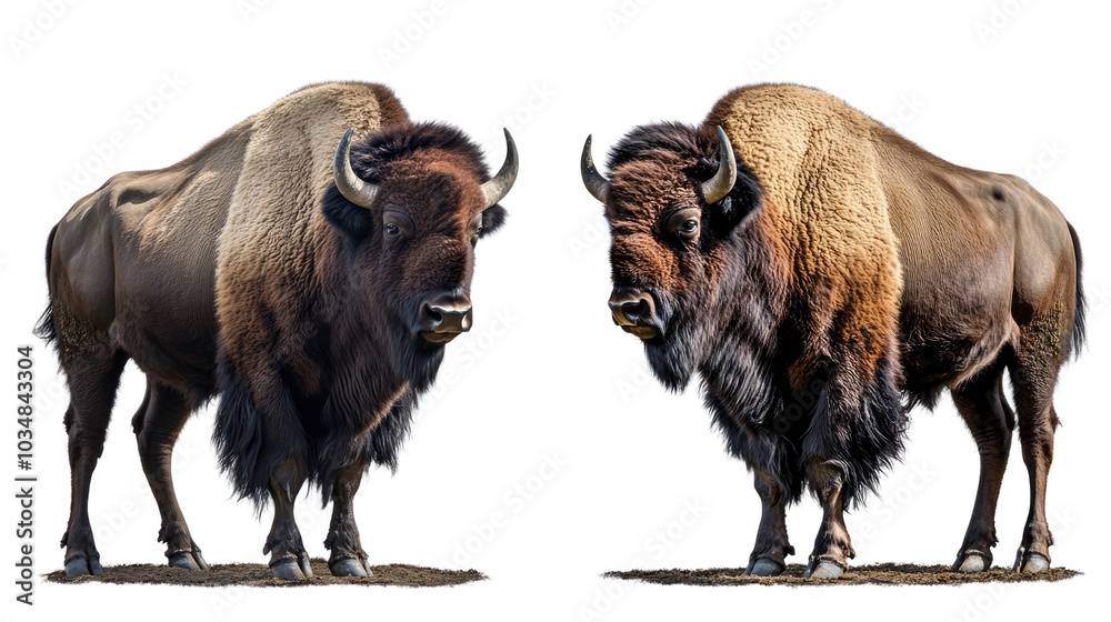 American and European bison standing alone against a white background American and European bison standing alone against a white background
