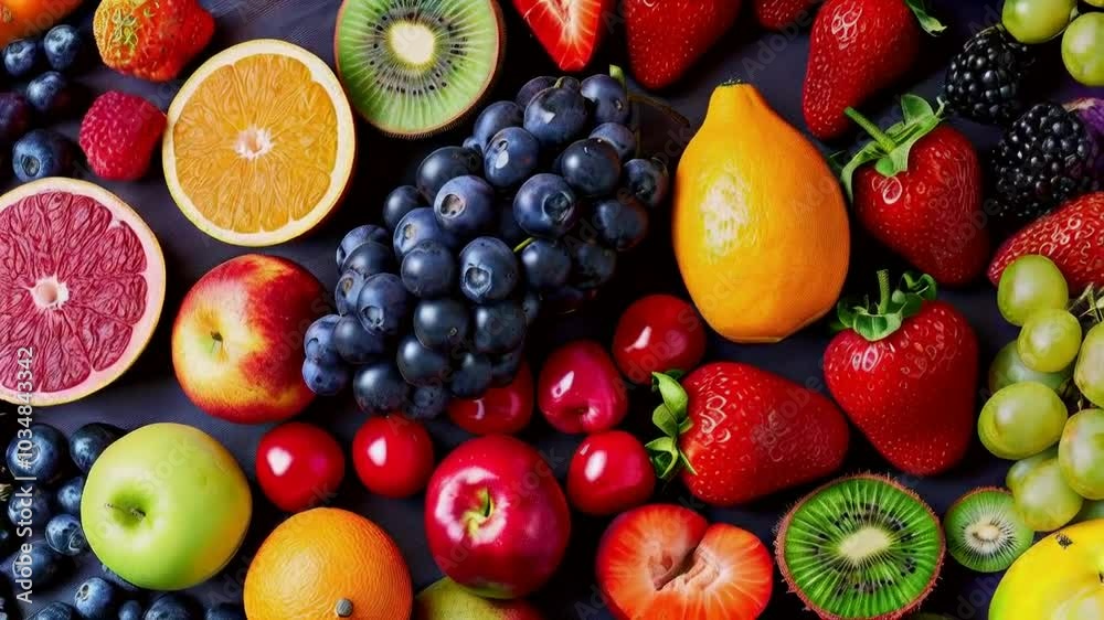 A close-up of a variety of fresh fruits on a dark background. A close-up of a variety of fresh fruits on a dark background.