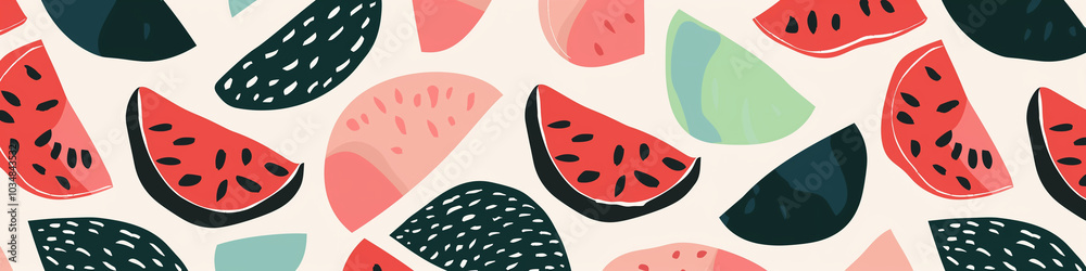 Colorful watermelon slices in various shapes create a vibrant and playful geometric pattern ideal for summer-themed decor or design projects, banner