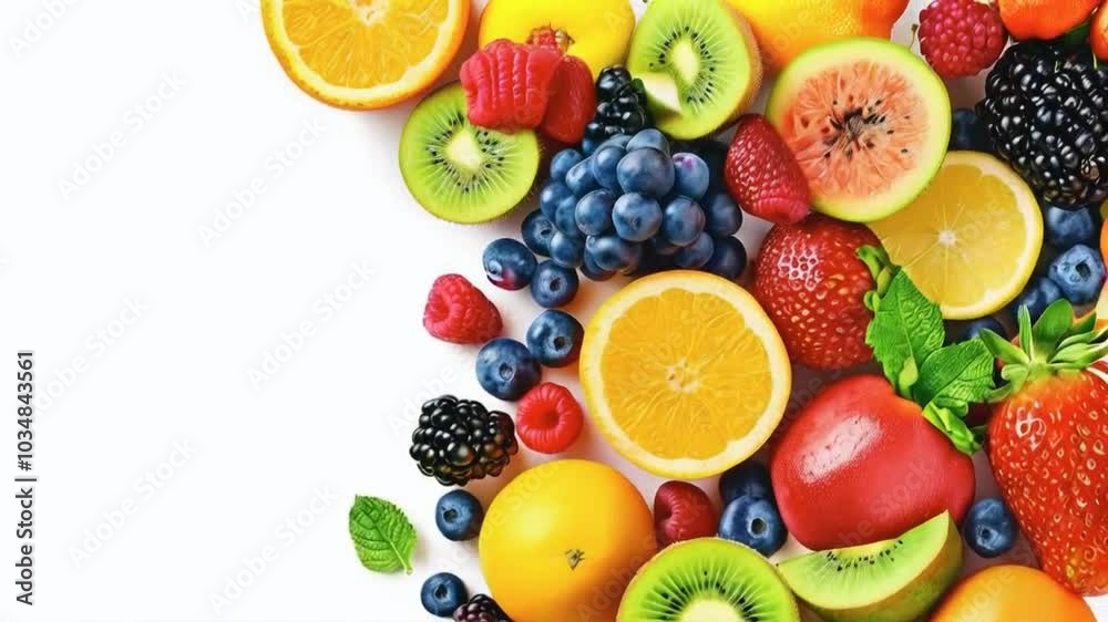 Assortment of fresh fruits and berries on white background.