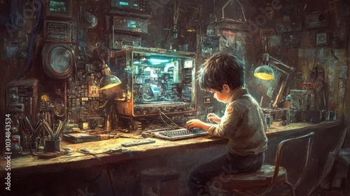 Young Boy Focused at a Vintage Workbench