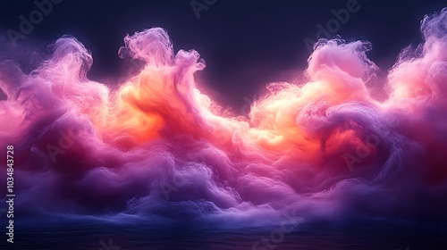 Abstract swirling clouds with pink, orange, and purple hues against a dark background.