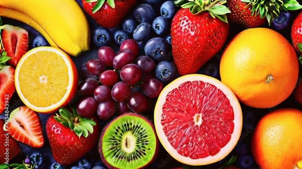 custom made wallpaper toronto digitalA close-up of various fruits including oranges, grapes, kiwi, strawberries and blueberries.
