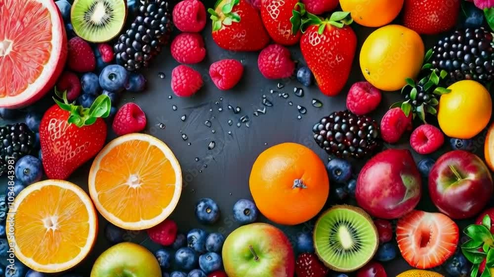 Close-up of a variety of fresh fruits and berries, including oranges, grapefruits, strawberries, blueberries, raspberries, blackberries, apples, and kiwis. Close-up of a variety of fresh fruits and berries, including oranges, grapefruits, strawberries, blueberries, raspberries, blackberries, apples, and kiwis.