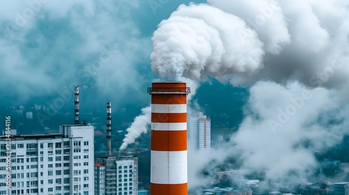 Aerial view of a factory emitting greenish toxic smoke polluting the local environment and adversely impacting nearby wildlife and ecosystems photo