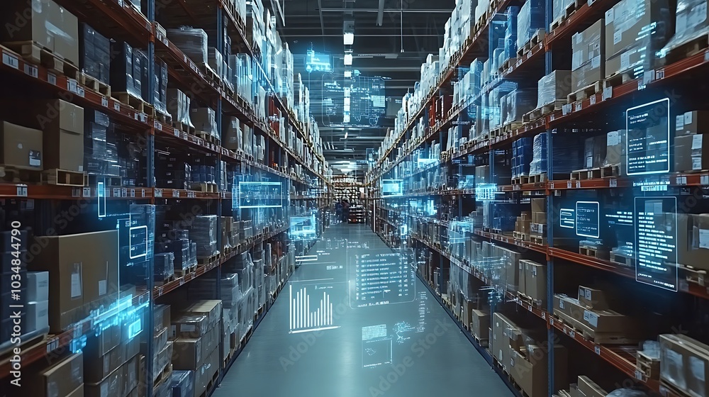 Digital infographics showing product shipment data overlaying a busy tech retail warehouse. Digital infographics showing product shipment data overlaying a busy tech retail warehouse.