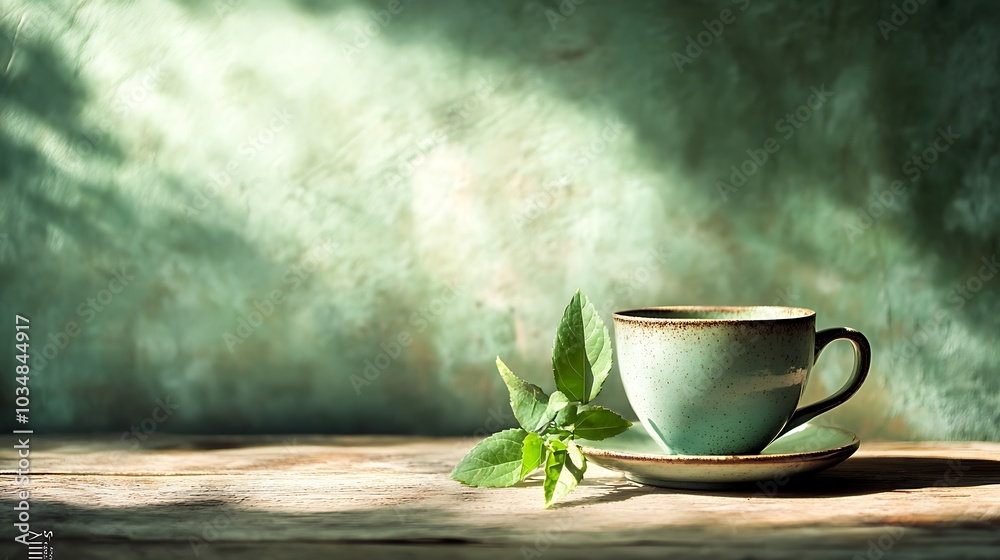 Ceramic Cup with Green Tea on Wooden Table Ceramic Cup with Green Tea on Wooden Table