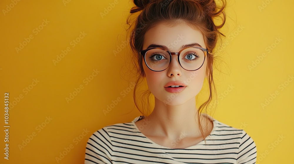 Young student lady greatly surprised by anything. Beautiful nerdy young woman in striped top and spectacles isolated on yellow background looking at camera with hilarious, horrified, amazed face expre Young student lady greatly surprised by anything. Beautiful nerdy young woman in striped top and spectacles isolated on yellow background looking at camera with hilarious, horrified, amazed face expre