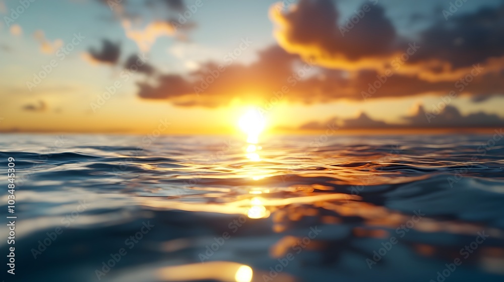 Breathtaking sunset reflected perfectly on the calm still surface of the ocean creating a mesmerizing mirror like effect with dramatic colors and serene atmosphere