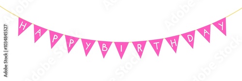 Happy birthday text, birthday banner, birthday decorations, pink ribbon, bunting, pink banner, flag, decoration, banner, triangle flag decoration, decoration, party, day, happy birthday