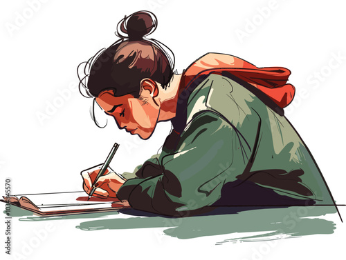 white background, Man practicing calligraphy or handwriting, very simple and isolate in the style of animated illustrations, white background