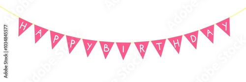 Happy birthday text, birthday banner, birthday decorations, red ribbon, bunting, red banner, flag, decoration, banner png, triangle flag decoration, decoration