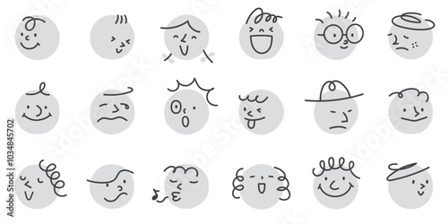 モノクロの丸の上に描かれた、いろいろな表情の抽象的な顔のビンテージ風ベクターイラスト