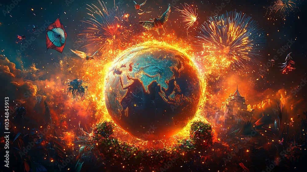 Obraz premium A vibrant world globe with fireworks and cultural symbols like Japanese kites, African masks, and European wreaths, glowing sparkles surrounding the continents, illuminated by golden light,