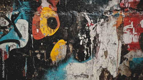 Abstract colorful graffiti art on a brick wall. Urban street art with vibrant colors, textures, and patterns