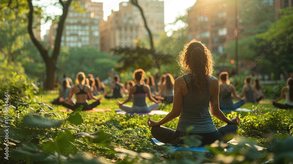 A serene outdoor yoga class in a city park during sunset. A serene outdoor yoga class in a city park during sunset.