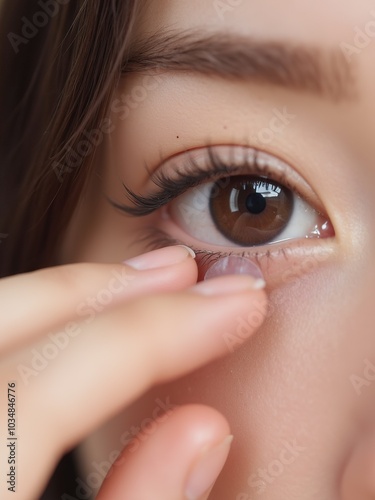 woman Installation of a contact lens in the eye close-up