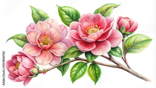 Watercolor painting of a Depth of Field japonica flower with removed background