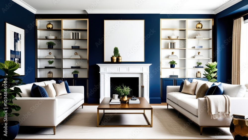 Fototapeta premium Modern luxurious living room, white fireplace, navy blue walls, gold accents, symmetrical bookshelves, white sofas, wooden coffee table, potted plants, minimalist decor, cozy atmosphere, interior desi