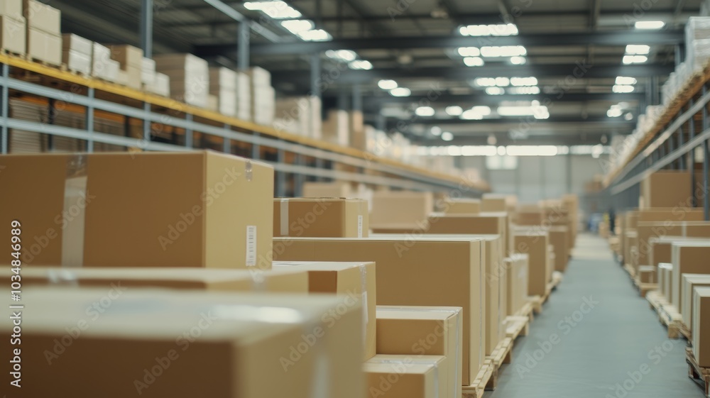 Cardboard Boxes Stacked On Pallets In Warehouse Cardboard Boxes Stacked On Pallets In Warehouse