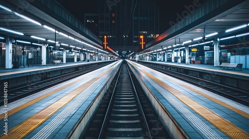 Empty train station platform with tracks leading into the distance.