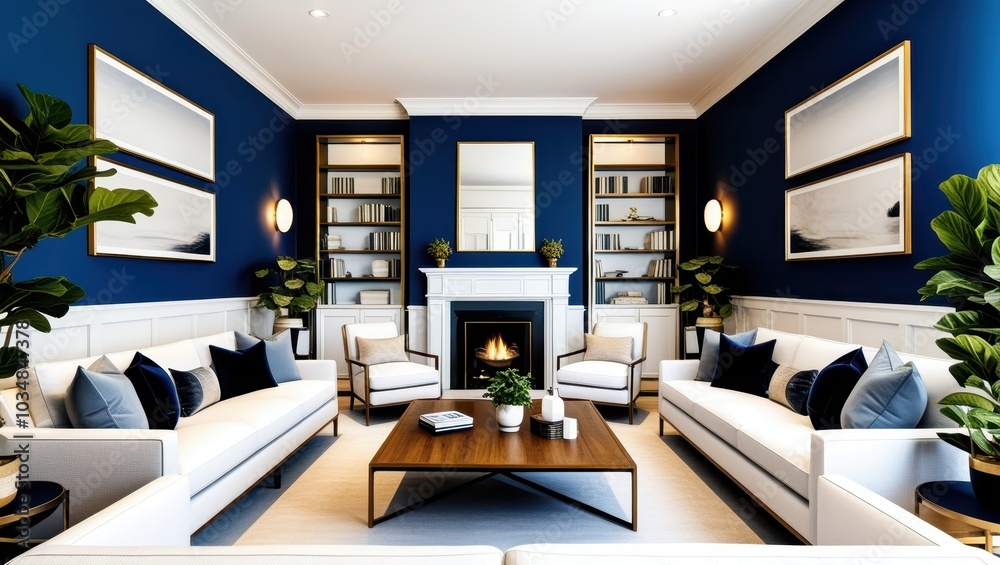Modern luxurious living room, white fireplace, navy blue walls, gold accents, symmetrical bookshelves, white sofas, wooden coffee table, potted plants, minimalist decor, cozy atmosphere, interior desi Modern luxurious living room, white fireplace, navy blue walls, gold accents, symmetrical bookshelves, white sofas, wooden coffee table, potted plants, minimalist decor, cozy atmosphere, interior desi