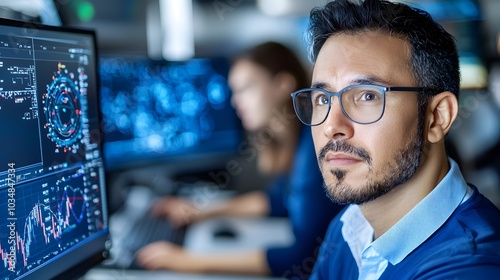 Aerospace engineers working together in a high tech control room closely monitoring the real time progress of a rocket launch  The room is filled with advanced computer displays control panels