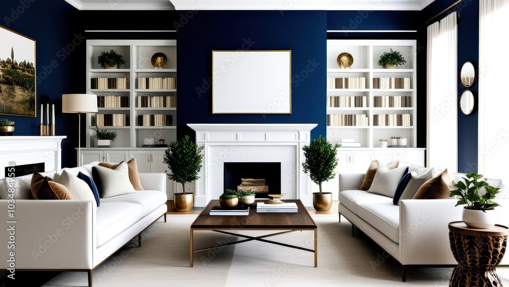 Fototapeta premium Modern luxurious living room, white fireplace, navy blue walls, gold accents, symmetrical bookshelves, white sofas, wooden coffee table, potted plants, minimalist decor, cozy atmosphere, interior desi