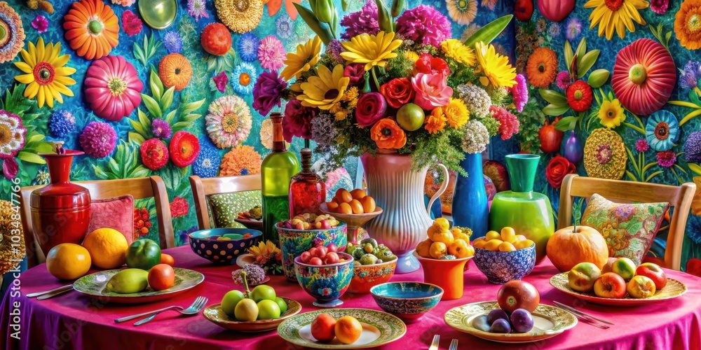 Fototapeta premium A vibrant still life of a beautifully set table adorned with a bouquet of colorful flowers and an array of fresh fruit, showcasing the art of tabletop styling
