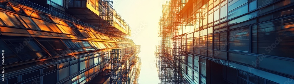 Modern Urban Architecture with Sunlit Glass Facades and Scaffolding in a Cityscape at Sunset Modern Urban Architecture with Sunlit Glass Facades and Scaffolding in a Cityscape at Sunset