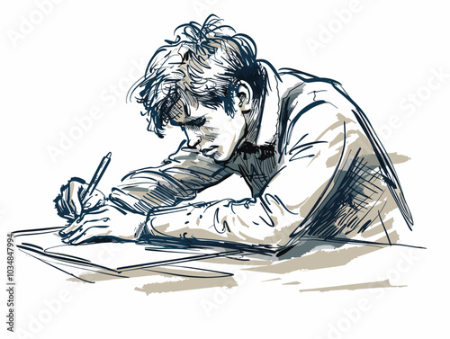 white background, Man practicing calligraphy or handwriting, very simple and isolate in the style of animated illustrations, white background
