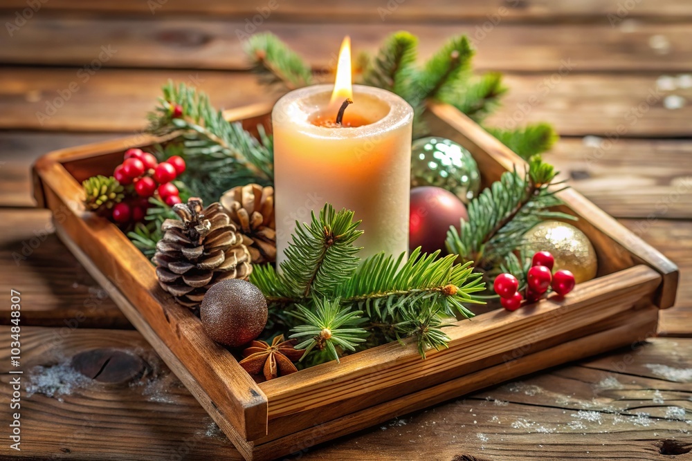 winter holiday decoration christmas candle in wooden tray close-up winter holiday decoration christmas candle in wooden tray close-up