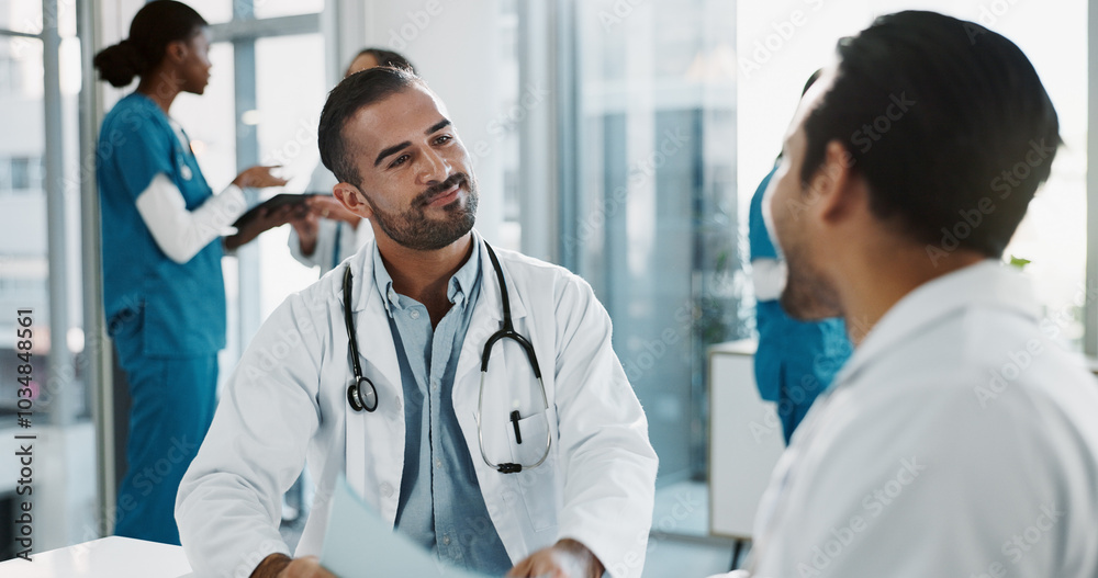 Fototapeta premium Team, men and doctors in office at hospital for planning medical diagnosis, treatment or surgery. Discussion, meeting and healthcare worker with board director at clinic for feedback or review.