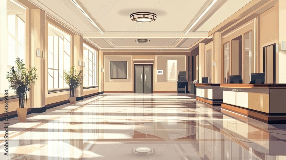 Fototapeta premium Modern Office Lobby with Marble Flooring and Plants