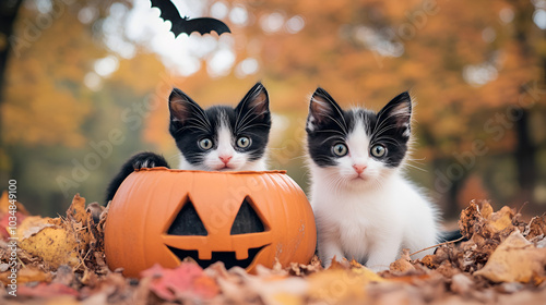 Two little black and white cats with a pumpkin in an autumn park on Happy Halloween