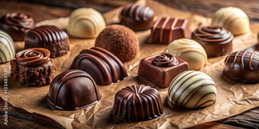 A delectable assortment of assorted chocolates, showcasing a rich variety of flavors and textures, including dark, milk, and white chocolate, arranged on a rustic wooden surface. A delectable assortment of assorted chocolates, showcasing a rich variety of flavors and textures, including dark, milk, and white chocolate, arranged on a rustic wooden surface.